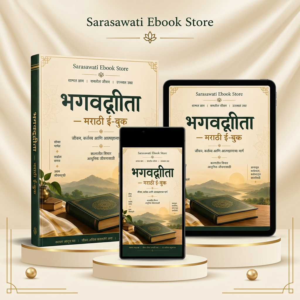 पुस्तक, टॅबलेट आणि मोबाईलवर दाखवलेले Sarasawati Ebook Store भगवद्गीता मराठी ई-बुक